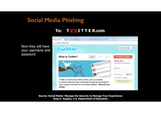 Social Media Phishing
To: T V V I T T E R.com
Now they will have
your username and
password
Source: Social Media: Manage the Security to Manage Your Experience;
Ross C. Hughes, U.S. Department of Education
 