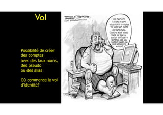 Vol
Possibilité de créer
des comptes
avec des faux noms,
des pseudo
ou des alias
Où commence le vol
d’identité?
 
