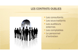121
! Les consultants
! Les sous-traitants
! Les auditeurs
externes
! Les comptables
! Le personnel
d’entretien
 