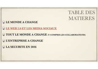 TABLE DES
MATIERES
LE MONDE A CHANGE
LE WEB 2.0 ET LES MEDIA SOCIAUX
TOUT LE MONDE A CHANGE (Y COMPRIS LES COLLABORATEURS)
L’ENTREPRISE A CHANGE
LA SECURITE EN 2016
 