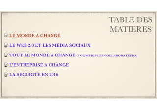 TABLE DES
MATIERES
LE MONDE A CHANGE
LE WEB 2.0 ET LES MEDIA SOCIAUX
TOUT LE MONDE A CHANGE (Y COMPRIS LES COLLABORATEURS)
L’ENTREPRISE A CHANGE
LA SECURITE EN 2016
 