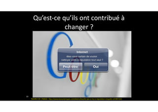 Qu’est-ce	qu’ils	ont	contribué	à	
changer	?
33
SOURCE	DE	L’IMAGE:	http://www.lesnumeriques.com/divers/touche-pas-a-ma-e-reputation-enquete-a1548.html
 