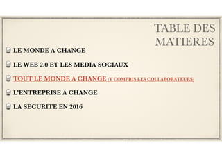 TABLE DES
MATIERES
LE MONDE A CHANGE
LE WEB 2.0 ET LES MEDIA SOCIAUX
TOUT LE MONDE A CHANGE (Y COMPRIS LES COLLABORATEURS)
L’ENTREPRISE A CHANGE
LA SECURITE EN 2016
 