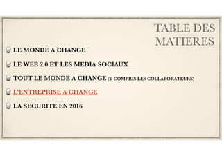TABLE DES
MATIERES
LE MONDE A CHANGE
LE WEB 2.0 ET LES MEDIA SOCIAUX
TOUT LE MONDE A CHANGE (Y COMPRIS LES COLLABORATEURS)
L’ENTREPRISE A CHANGE
LA SECURITE EN 2016
 