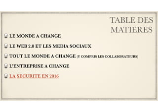 TABLE DES
MATIERES
LE MONDE A CHANGE
LE WEB 2.0 ET LES MEDIA SOCIAUX
TOUT LE MONDE A CHANGE (Y COMPRIS LES COLLABORATEURS)
L’ENTREPRISE A CHANGE
LA SECURITE EN 2016
 