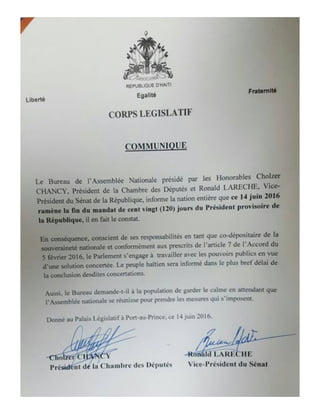 Le Pouvoir Législatif d'Haiti constate la fin de mandat du President Provisoire Privert et la vacance Présidentielle