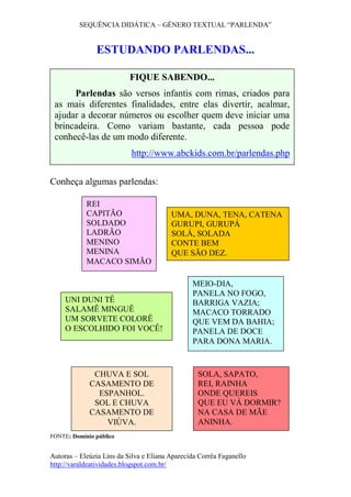 SEQUÊNCIA DIDÁTICA – GÊNERO TEXTUAL “PARLENDA” 
Autoras – Eleúzia Lins da Silva e Eliana Aparecida Corrêa Faganello 
http://varaldeatividades.blogspot.com.br/ 
ESTUDANDO PARLENDAS... 
Conheça algumas parlendas: 
FONTE: Domínio público 
FIQUE SABENDO... 
Parlendas são versos infantis com rimas, criados para as mais diferentes finalidades, entre elas divertir, acalmar, ajudar a decorar números ou escolher quem deve iniciar uma brincadeira. Como variam bastante, cada pessoa pode conhecê-las de um modo diferente. 
http://www.abckids.com.br/parlendas.php 
REI 
CAPITÃO 
SOLDADO 
LADRÃO 
MENINO 
MENINA 
MACACO SIMÃO 
UMA, DUNA, TENA, CATENA 
GURUPI, GURUPÁ 
SOLÁ, SOLADA 
CONTE BEM 
QUE SÃO DEZ. 
SOLA, SAPATO, 
REI, RAINHA 
ONDE QUEREIS 
QUE EU VÁ DORMIR? 
NA CASA DE MÃE 
ANINHA. 
CHUVA E SOL 
CASAMENTO DE 
ESPANHOL. 
SOL E CHUVA 
CASAMENTO DE VIÚVA. 
UNI DUNI TÊ 
SALAMÊ MINGUÊ 
UM SORVETE COLORÊ 
O ESCOLHIDO FOI VOCÊ! 
MEIO-DIA, 
PANELA NO FOGO, 
BARRIGA VAZIA; 
MACACO TORRADO 
QUE VEM DA BAHIA; 
PANELA DE DOCE 
PARA DONA MARIA.  