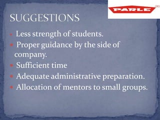  Less strength of students.
 Proper guidance by the side of
company.
 Sufficient time
 Adequate administrative preparation.
 Allocation of mentors to small groups.
 