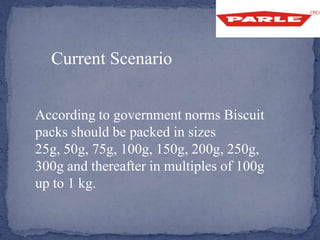 Current Scenario
According to government norms Biscuit
packs should be packed in sizes
25g, 50g, 75g, 100g, 150g, 200g, 250g,
300g and thereafter in multiples of 100g
up to 1 kg.
 