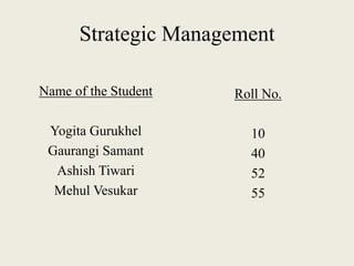 Strategic Management
Name of the Student
Yogita Gurukhel
Gaurangi Samant
Ashish Tiwari
Mehul Vesukar
Roll No.
10
40
52
55
 