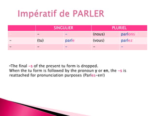 SINGULIER PLURIEL
- - - (nous) parlons !
- (tu) parle ! (vous) parlez !
- - - - -
•The final -s of the present tu form is dropped.
When the tu form is followed by the pronoun y or en, the -s is
reattached for pronunciation purposes (Parles-en!)
 