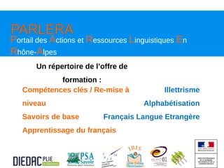 Un répertoire de l’offre de
formation :
Portail des Actions et Ressources Linguistiques En
Rhône-Alpes
Compétences clés / Re-mise à
niveau
Savoirs de base
Apprentissage du français
Illettrisme
Alphabétisation
Français Langue Etrangère
 