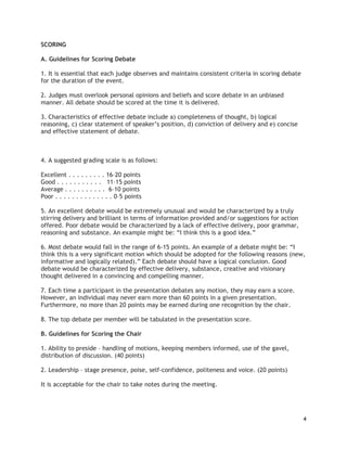 SCORING
A. Guidelines for Scoring Debate
1. It is essential that each judge observes and maintains consistent criteria in scoring debate
for the duration of the event.
2. Judges must overlook personal opinions and beliefs and score debate in an unbiased
manner. All debate should be scored at the time it is delivered.
3. Characteristics of effective debate include a) completeness of thought, b) logical
reasoning, c) clear statement of speaker’s position, d) conviction of delivery and e) concise
and effective statement of debate.

4. A suggested grading scale is as follows:
Excellent . . . . . . . . . 16–20 points
Good . . . . . . . . . . . 11–15 points
Average . . . . . . . . . . 6–10 points
Poor . . . . . . . . . . . . . . 0–5 points
5. An excellent debate would be extremely unusual and would be characterized by a truly
stirring delivery and brilliant in terms of information provided and/or suggestions for action
offered. Poor debate would be characterized by a lack of effective delivery, poor grammar,
reasoning and substance. An example might be: “I think this is a good idea.”
6. Most debate would fall in the range of 6-15 points. An example of a debate might be: “I
think this is a very significant motion which should be adopted for the following reasons (new,
informative and logically related).” Each debate should have a logical conclusion. Good
debate would be characterized by effective delivery, substance, creative and visionary
thought delivered in a convincing and compelling manner.
7. Each time a participant in the presentation debates any motion, they may earn a score.
However, an individual may never earn more than 60 points in a given presentation.
Furthermore, no more than 20 points may be earned during one recognition by the chair.
8. The top debate per member will be tabulated in the presentation score.
B. Guidelines for Scoring the Chair
1. Ability to preside – handling of motions, keeping members informed, use of the gavel,
distribution of discussion. (40 points)
2. Leadership – stage presence, poise, self-confidence, politeness and voice. (20 points)
It is acceptable for the chair to take notes during the meeting.

4

 