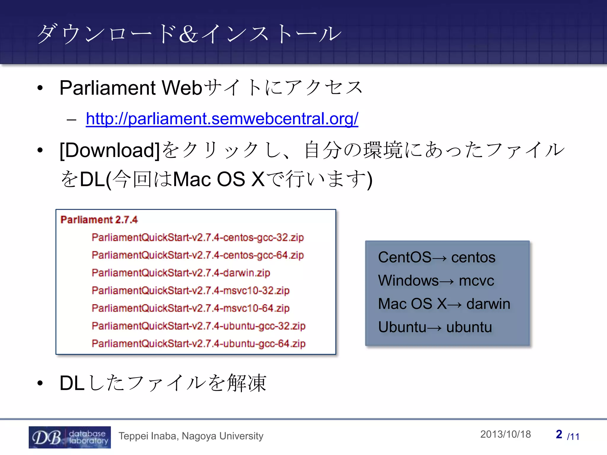 ダウンロード＆インストール
• Parliament Webサイトにアクセス
– http://parliament.semwebcentral.org/

• [Download]をクリックし、自分の環境にあったファイル
をDL(今回はMac OS Xで行います)

CentOS→ centos
Windows→ mcvc
Mac OS X→ darwin
Ubuntu→ ubuntu

• DLしたファイルを解凍
Teppei Inaba, Nagoya University

Teppei Inaba

2013/10/18

2

/11

 