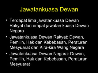 Jawatankuasa Dewan
• Terdapat lima jawatankuasa Dewan
Rakyat dan empat jawatan kuasa Dewan
Negara
• Jawatankuasa Dewan Rakyat: Dewan,
Pemilih, Hak dan Kebebasan, Peraturan
Mesyuarat dan Kira-kira Wang Negara
• Jawatankuasa Dewan Negara: Dewan,
Pemilih, Hak dan Kebebasan, Peraturan
Mesyuarat
 