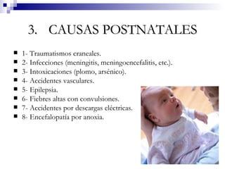 3. CAUSAS POSTNATALES 1- Traumatismos craneales. 2- Infecciones (meningitis, meningoencefalitis, etc.). 3- Intoxicaciones (plomo, arsénico). 4- Accidentes vasculares. 5- Epilepsia. 6- Fiebres altas con convulsiones. 7- Accidentes por descargas eléctricas. 8- Encefalopatía por anoxia. 