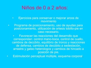 Niños de 0 a 2 años:
• Ejercicios para conservar o mejorar arcos de
movimiento
• Programa de posicionamiento, uso de ayudas para
posicionamiento, utilización de ortesis tobillo-pie en
caso necesario.
• Favorecer las reacciones del desarrollo que
correspondan: control mano-boca, control de cuello,
cambios de decúbito, equilibrio de tronco y reacciones
de defensa, cambios de decúbito a sedestación,
arrastre y gateo heterologos y cambios de hincado a
posición de pie.
• Estimulación perceptual múltiple, esquema corporal.
 