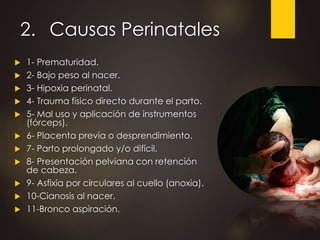2. Causas Perinatales
 1- Prematuridad.
 2- Bajo peso al nacer.
 3- Hipoxia perinatal.
 4- Trauma físico directo durante el parto.
 5- Mal uso y aplicación de instrumentos
(fórceps).
 6- Placenta previa o desprendimiento.
 7- Parto prolongado y/o difícil.
 8- Presentación pelviana con retención
de cabeza.
 9- Asfixia por circulares al cuello (anoxia).
 10-Cianosis al nacer.
 11-Bronco aspiración.
 