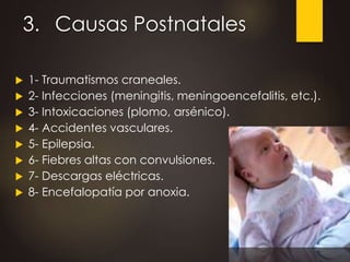 3. Causas Postnatales
 1- Traumatismos craneales.
 2- Infecciones (meningitis, meningoencefalitis, etc.).
 3- Intoxicaciones (plomo, arsénico).
 4- Accidentes vasculares.
 5- Epilepsia.
 6- Fiebres altas con convulsiones.
 7- Descargas eléctricas.
 8- Encefalopatía por anoxia.
 