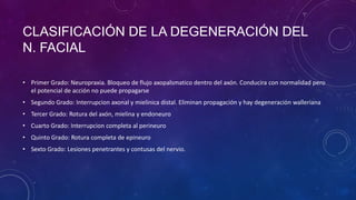 CLASIFICACIÓN DE LA DEGENERACIÓN DEL
N. FACIAL
• Primer Grado: Neuropraxia. Bloqueo de flujo axopalsmatico dentro del axón. Conducira con normalidad pero
el potencial de acción no puede propagarse

• Segundo Grado: Interrupcion axonal y mielinica distal. Eliminan propagación y hay degeneración walleriana
• Tercer Grado: Rotura del axón, mielina y endoneuro
• Cuarto Grado: Interrupcion completa al perineuro
• Quinto Grado: Rotura completa de epineuro

• Sexto Grado: Lesiones penetrantes y contusas del nervio.

 