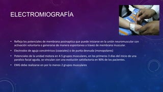 ELECTROMIOGRAFÍA

• Refleja los potenciales de membrana posinaptica que puede inisiarse en la unión neuromuscular con
activación voluntaria o generarse de manera espontanea a travez de membrana muscular.
• Electrodos de aguja concéntricos (coaxiales) o de punta desnuda (monopolares)
• Potenciales de la unidad motora en 4-5 grupos musculares, en los primeros 3 días del inicio de una
paralisis facial aguda, se vinculan con una evolución satisfactoria en 90% de los pacientes.
• EMG debe realizarse en por lo menos 2 grupos musculares

 