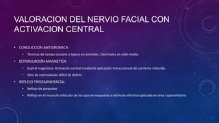 VALORACION DEL NERVIO FACIAL CON
ACTIVACION CENTRAL
• CONDUCCION ANTIDROMICA
•

Técnicas de campo cercano o lejano en animales. Electrodos en oído medio.

• ESTIMULACION MAGNETICA
•

Espiral magnética. Activación central mediante aplicación transccraneal de corriente inducida.

•

Sitio de estimulación difícil de definir,

• REFLEJO TRIGEMINOFACIAL
•

Reflejo de parpadeo

•

Reflejo en el musculo orbicular de los ojos en respuesta a estimulo eléctrico aplicado en área supraorbitaria

 