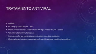 TRATAMIENTO ANTIVIRAL

• Aciclovir
• IV: 10mg/kg cada 8 hrs por 7 días
• Orales: Menos costosos. Aciclovir 400 u 800 mg 5 veces al dia por 7-10 dais
• Valaciclovir, Famciclovir, Penciclovir
• Crontroversial el uso combinado con esteroides respecto a resultados.
• Efectos adversos: nausea, malestar general, reacción alergica, Insuficiencia renal leve.

 
