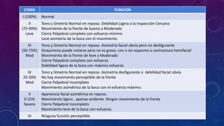 ETAPA
I (100%)

FUNCION
Normal

II
Tono y Simetría Normal en reposo. Debilidad Ligera a la inspección Cercana
(75-99%) Movimiento de la frente de bueno a Moderado
Leve
Cierre Palpebral completo con esfuerzo mínimo
Leve asimetría de la boca con el movimiento
III
Tono y Simetría Normal en reposo. Asimetría facial obvia pero no desfigurante
(50-75%) Sinquinesia puede notarse pero no es grave, con o sin espasmo o contractura hemifacial
Mod
Movimiento de la frente de leve a Moderado
Cierre Palpebral completo con esfuerzo
Debilidad ligera de la boca con máximo esfuerzo
IV
25-50%
Mod

Tono y Simetría Normal en reposo. Asimetría desfigurante o debilidad facial obvia
No hay movimiento perceptible de la frente
Cierre Palpebral Incompleto
Movimiento asimétrico de la boca con el esfuerzo máximo.

V
0-25%
Severa

Apariencia facial asimétrica en reposo.
Movimiento ligero , apenas evidente. Ningún movimiento de la frente
Cierre Palpebral Incompleto
Movimiento leve de la boca con esfuerzo.

VI

Ninguna función perceptible

 