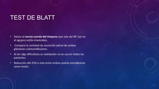 TEST DE BLATT
• Valora al nervio cuerda del tímpano que sale del NF casi en
el agujero estilo-mastoideo.
•

Compara la cantidad de secreción salival de ambas
glándulas submandibulares.

• Al ser algo dificultosa su realización no se usa en todos los
pacientes.
• Reducción del 25% o más entre ambos podría considerarse
como lesión.

 