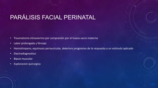 PARÁLISIS FACIAL PERINATAL

• Traumatismo intrauterino por compresión por el hueso sacro materno
• Labor prolongada y fórceps
• Hemotimpano, equimosis periauricular, deterioro progresivo de la respuesta a un estimulo aplicado
• Electrodiagnostico
• Bipsia muscular
• Exploracion quirurgica

 