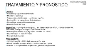 TRATAMIENTO Y PRONOSTICO
General
 Via aérea y capacidad ventilatoria
 Monitoreo continuo
 Trastornos autonómicos → arritmias, hipoTA
 Prevención y/o tratamiento de infecciones
 Nutrición e hidratación adecuadas
 Prevención de escaras
Específico → progresión rápida, Ins ventilatoria o ARM, compromiso PC
bulbares, incapacidad para deambulación
 Inmunoglobulina EV 2 gr/kg (dosis total en 2 a 5 días)
 Plasmaféresis (4 tratamientos)
 Neurorrehabilitación
PRONOSTICO
 90% de los AIDP y 100% SMF recuperación total
 Mayor secuelas a mayor edad y con instauración rápida
 AMSAN → excepcionales en pediatría, pronóstico gravísimo
 