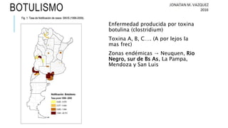 BOTULISMO
Enfermedad producida por toxina
botulina (clostridium)
Toxina A, B, C…. (A por lejos la
mas frec)
Zonas endémicas → Neuquen, Rio
Negro, sur de Bs As, La Pampa,
Mendoza y San Luis
 