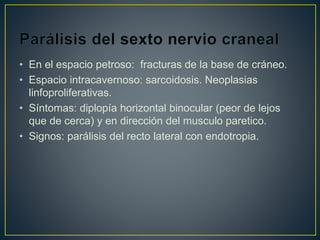 • En el espacio petroso: fracturas de la base de cráneo.
• Espacio intracavernoso: sarcoidosis. Neoplasias
linfoproliferativas.
• Síntomas: diplopía horizontal binocular (peor de lejos
que de cerca) y en dirección del musculo paretico.
• Signos: parálisis del recto lateral con endotropia.
 