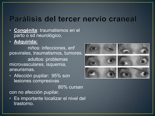 • Congénita: traumatismos en el
parto o sd neurológico.
• Adquirida:
niños: infecciones, enf
posvirales, traumatismos, tumores.
adultos: problemas
microvasculares, isquemia,
aneurismas.
• Afección pupilar: 95% son
lesiones compresivas
80% cursan
con no afección pupilar.
• Es importante localizar el nivel del
trastorno.
 