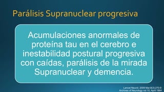 Parálisis Supranuclear progresiva
Acumulaciones anormales de
proteína tau en el cerebro e
inestabilidad postural progresiva
con caídas, parálisis de la mirada
Supranuclear y demencia.
Archives of Neurology vol 10, April 1964
Lancet Neurol. 2009 Mar;8(3):270-9
 