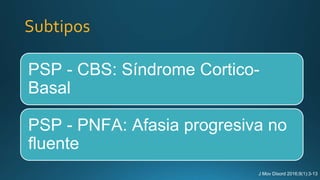 Subtipos
PSP - CBS: Síndrome Cortico-
Basal
PSP - PNFA: Afasia progresiva no
fluente
J Mov Disord 2016;9(1):3-13
 