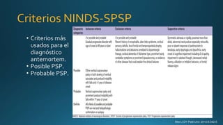 Criterios NINDS-SPSP
Med J DY Patil Univ 2013;6:342-5
• Criterios más
usados para el
diagnóstico
antemortem.
• Posible PSP.
• Probable PSP.
 