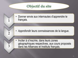 1 
• Donner envie aux internautes d’apprendre le 
français. 
2 
• Approfondir leurs connaissances de la langue. 
3 
• Inci...