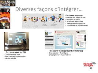 Diverses façons d’intégrer…
En classe inversée
Sélection des pages du site
Consignes de travail
• Consulter les sources
• Donner ses impressions
• Synthétiser et problématiser

En classe avec un TBI
Compréhension orale,
exercices de compréhension,
mémos animés.

Dispositif mixte (présentiel/distance)
4h en classe + 2h en ligne
En complément d’une méthode

28

 