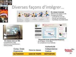 Diverses façons d’intégrer…
En classe inversée
Sélection des pages du site
Consignes de travail
• Consulter les sources
• Donner ses impressions
• Synthétiser et problématiser

En classe avec un TBI
Compréhension orale,
exercices de compréhension,
mémos animés.

Comp. Orale
Ergonomie
AUTONOMIE

Dispositif mixte (présentiel/distance)
4h en classe + 2h en ligne
En complément d’une méthode

Hors la classe
GAIN DE TEMPS

Authenticité
Indépendance
Culture
MOTIVATION

29

 