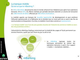 www.groupeastek.com
La banque mobile
Qu’est ce que le mBanking ?
10
mBanking
mSecurity
mPayment
Apps
 Le mBanking regroupe toutes les
techniques permettant de réaliser des
opérations bancaires à partir d’un support
« mobile » : smartphone, tablettes …
En 2013, 530 millions de personnes dans le monde utiliseront leur téléphone pour gérer leurs opérations
bancaires. D’ici à 2015, les affaires réalisées par portable devraient atteindre un volume de transaction
de 1 000 milliards de dollars effectués par 900 millions d’utilisateurs.
La mobilité apporte aux banques de nouvelles opportunités de développement et peut améliorer
l’efficacité opérationnelle et la fidélisation de la clientèle tout en tirant parti de ce canal à des fins de
communication et d’acquisition. À ce titre, la mobilité s’inscrit donc comme un investissement.
« La ‘banque mobile’ sera l’une des plus grandes réussites de l’industrie du commerce mobile au cours
des cinq prochaines années »
L’attractivité du mBanking s’explique notamment par la simplicité des usages et l’accès permanent aux
services financiers, quelle que soit l’heure du jour ou de la nuit.
 
