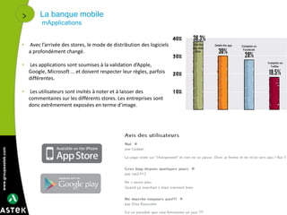 www.groupeastek.com
La banque mobile
mApplications
14
• Avec l’arrivée des stores, le mode de distribution des logiciels
a profondément changé.
• Les applications sont soumises à la validation d’Apple,
Google, Microsoft … et doivent respecter leur règles, parfois
différentes.
• Les utilisateurs sont invités à noter et à laisser des
commentaires sur les différents stores. Les entreprises sont
donc extrêmement exposées en terme d’image.
 