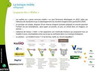 www.groupeastek.com
La banque mobile
mPayment
20
La guerre des « Wallet »
• Les wallets ou « porte monnaie mobile » se sont fortement développés en 2012, aidés par
l’absence de standards et par le développement du transfert d’argent entre particuliers (P2P).
• Le principe est simple, disposer d’une réserve d’argent (compte prépayé) et ensuite pourvoir
l’utiliser via son Smartphone, pour payer un proche, un pro, un article dans un magasin, un
service …
• L’absence de réseau « HUB » a fait apparaitre une multitude d’acteurs qui proposent tous un
modèle 3 coins, incompatible entre eux et qui se confronte donc à un manque d’adoption.
• La solution : un modèle 4 coins ? V me de Visa, Swift, ou encore SepaMail ?
 