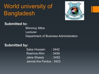 World university of
Bangladesh
Submitted to:
Mrinmoy Mitra
Lecturer
Department of Business Administration
Submitted by:
Saba Hossain : 3442
Reshma Afrin : 3459
Jakia Shawly : 3452
Jannat Ara Ferdus : 3423
 