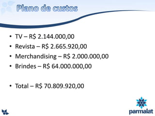 • TV – R$ 2.144.000,00
• Revista – R$ 2.665.920,00
• Merchandising – R$ 2.000.000,00
• Brindes – R$ 64.000.000,00
• Total – R$ 70.809.920,00
 