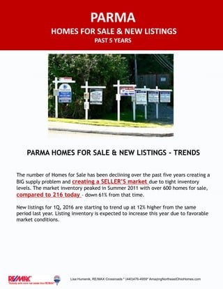 PARMA HOMES FOR SALE & NEW LISTINGS - TRENDS
The number of Homes for Sale has been declining over the past five years creating a
BIG supply problem and creating a SELLER’S market due to tight inventory
levels. The market inventory peaked in Summer 2011 with over 600 homes for sale,
compared to 216 today – down 61% from that time.
New listings for 1Q, 2016 are starting to trend up at 12% higher from the same
period last year. Listing inventory is expected to increase this year due to favorable
market conditions.
Lisa Humenik, RE/MAX Crossroads * (440)476-4959* AmazingNortheastOhioHomes.com
PARMA
HOMES FOR SALE & NEW LISTINGS
PAST 5 YEARS
 