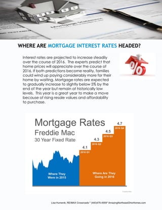 WHERE ARE MORTGAGE INTEREST RATES HEADED?
Interest rates are projected to increase steadily
over the course of 2016. The experts predict that
home prices will appreciate over the course of
2016. If both predictions become reality, families
could wind up paying considerably more for their
home by waiting. Mortgage rates are expected
to gradually increase to slightly below 5% by the
end of the year but remain at historically low
levels. This year is a great year to make a move
because of rising resale values and affordability
to purchase.
Lisa Humenik, RE/MAX Crossroads * (440)476-4959* AmazingNortheastOhioHomes.com
 