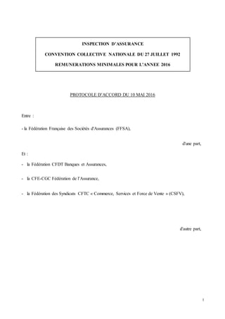 1
INSPECTION D’ASSURANCE
CONVENTION COLLECTIVE NATIONALE DU 27 JUILLET 1992
REMUNERATIONS MINIMALES POUR L’ANNEE 2016
PROT...