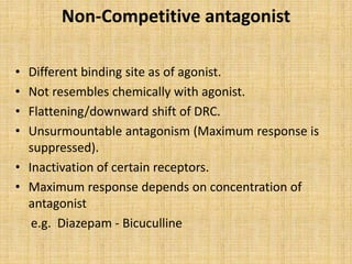 Non-Competitive antagonist
• Different binding site as of agonist.
• Not resembles chemically with agonist.
• Flattening/downward shift of DRC.
• Unsurmountable antagonism (Maximum response is
suppressed).
• Inactivation of certain receptors.
• Maximum response depends on concentration of
antagonist
e.g. Diazepam - Bicuculline
 