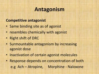 Antagonism
Competitive antagonist
• Same binding site as of agonist
• resembles chemically with agonist
• Right shift of DRC
• Surmountable antagonism by increasing
agonist dose
• Inactivation of certain agonist molecules
• Response depends on concentration of both
e.g Ach – Atropine, Morphine - Naloxone
 